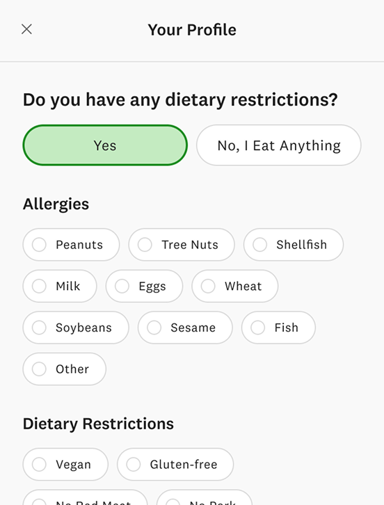 Screenshot of the dietary restrictions management in the app