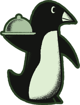 A penguin waiter carrying a food tray with a cloche.